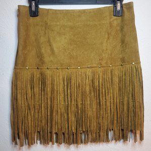 Fornia Camel Faux Suede Fringe Skirt